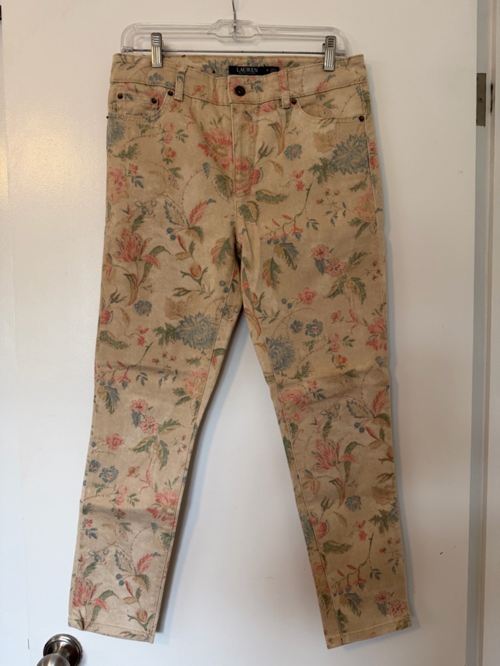 LAUREN Ralph Lauren Cream Floral Denim Skirt with Pink & Blue Accents